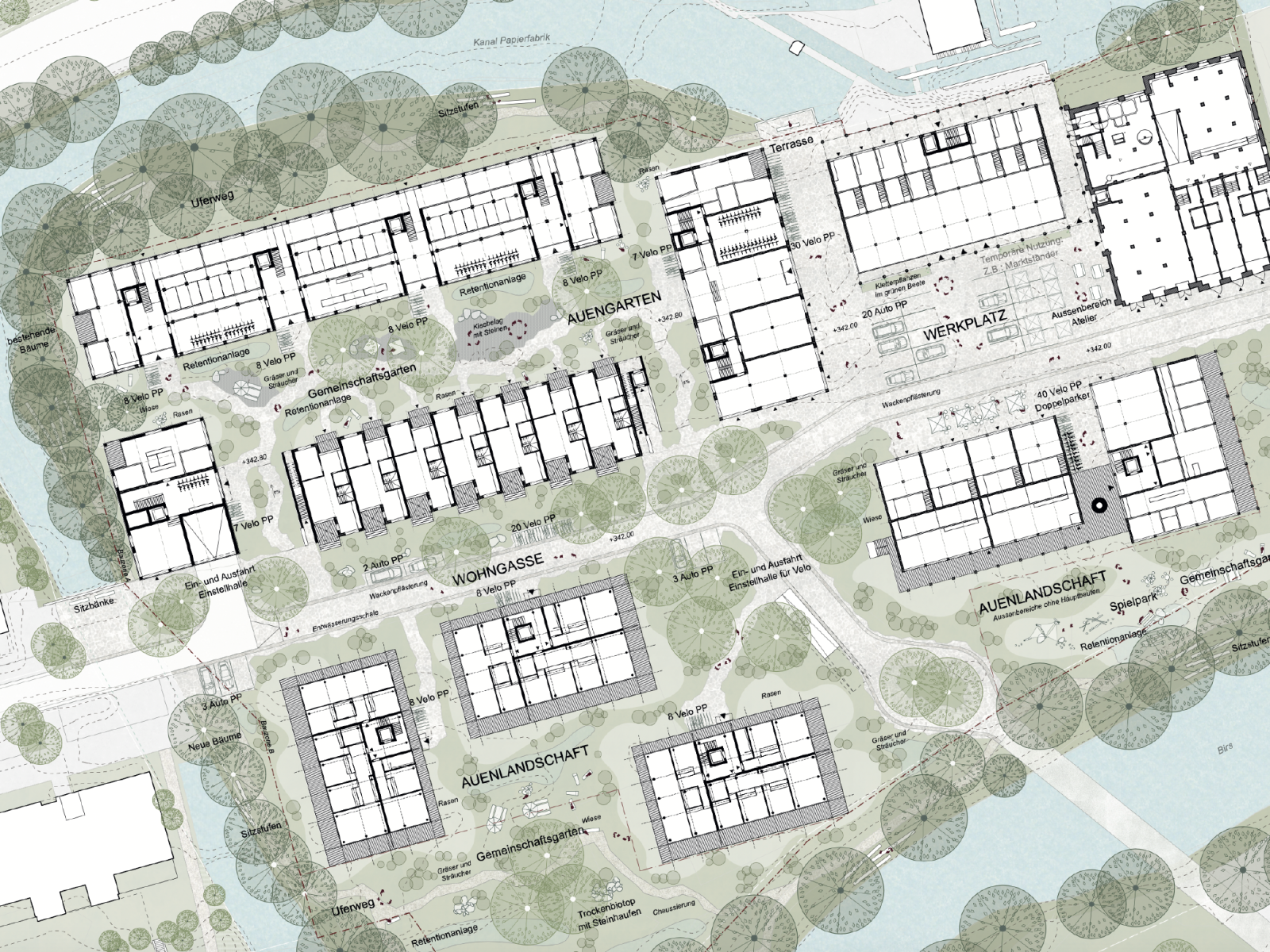 11 Häuser in drei Nachbarschaften; Papierfabrik Zwingen, 1. Preis